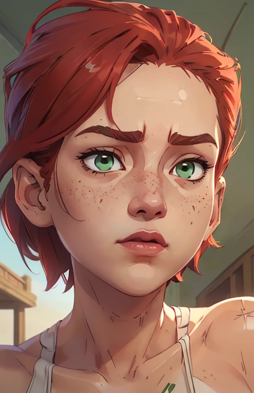 (((2 characters))), ((1guy, jon, a young guy in his 30s with asymmetric very short brown hair, green eyes, a flat nose, smooth skin, slim athletic body)), ((1girl, jennifer lawrence, 1girl, red haired chubby pale girl, green eyes, freckles, half asymetric red hair, cute, nude, small height, stain lipstick, long eyelashes, primer, cream eyeline, ((small breasts)), cute, beautiful, realistic style, highly detailed, 4k)), (((portrait close-up))), (((extremely exaggerated scowl, looking up, perspective from bottom)))