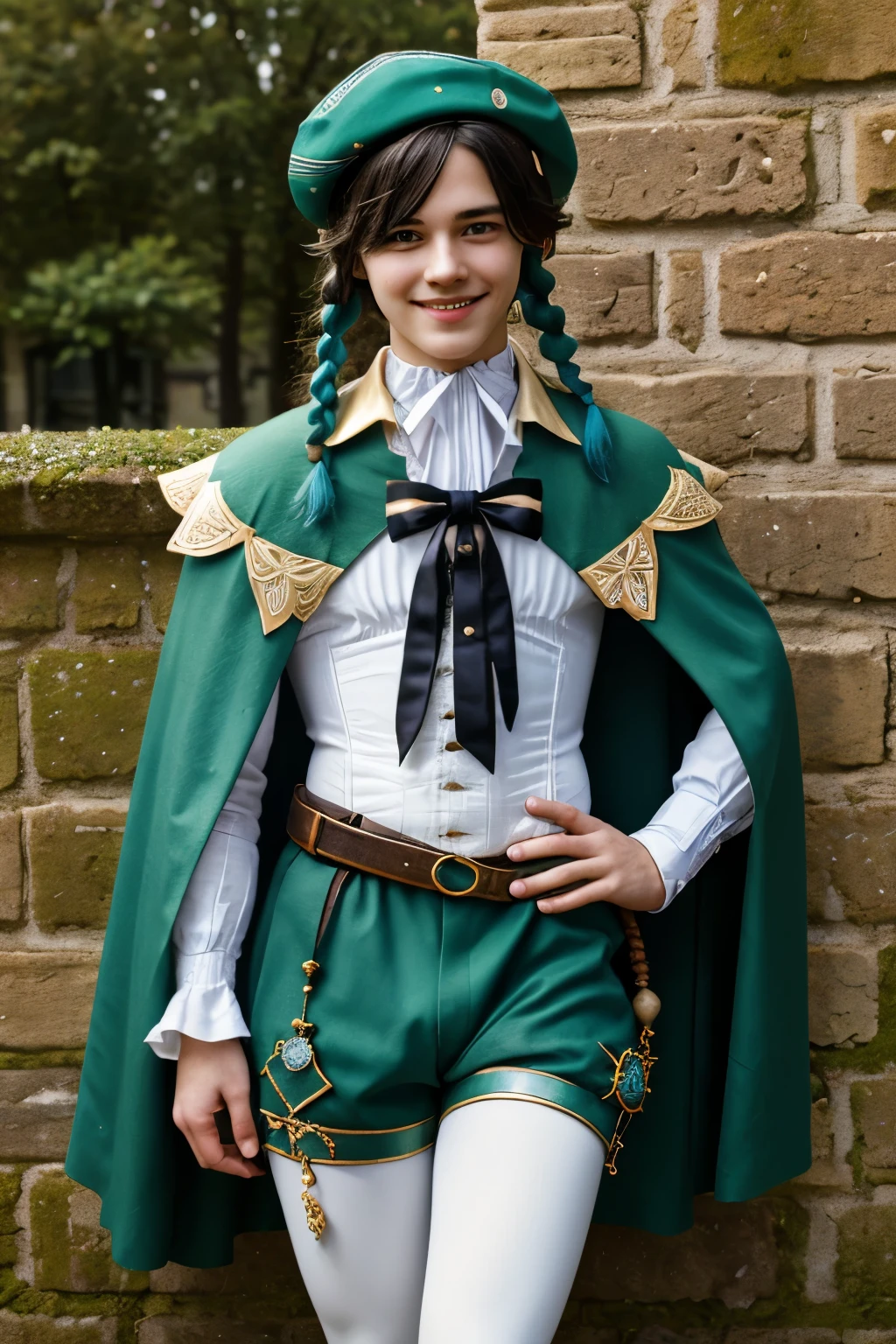victorian era, clean face, ventidef, german boy, beret, hat flower, white shirt, bow, long sleeves, frilled sleeves, brown corset, cape, green shorts, paving block road, white pantyhose, jewelry, brooch, ((masterpiece)),(best quality), cosplay, rennaissance era town, castle fort, german town, (((1male))), 20 years old, smile, medieval bard, handsome, white cape, twin braids,multicolored hair, dark to cyan gradient hair