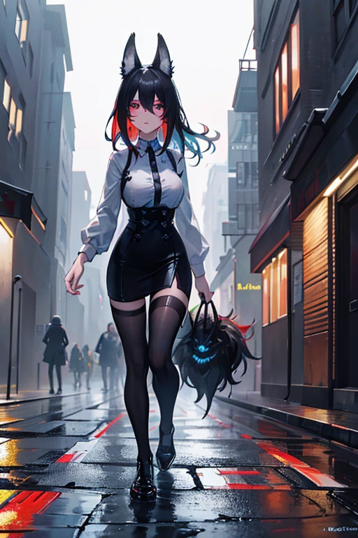 (Verbesserte Details, high quality), pelziger Wolf, Average breasts, Walking through the city, (Nachtzeit, lebendige Lichter, urban environment), (Dynamisches Trimmen, Wilder Ausdruck auf seinem Gesicht, Zerzaustes Haar), (Leuchtend rote Augen, Detaillierte Berichterstattung), (bunte Flecken, wet roads), (Konzentriere dich auf den Kopf des Wolfes), (heller Fokus auf den Augen).