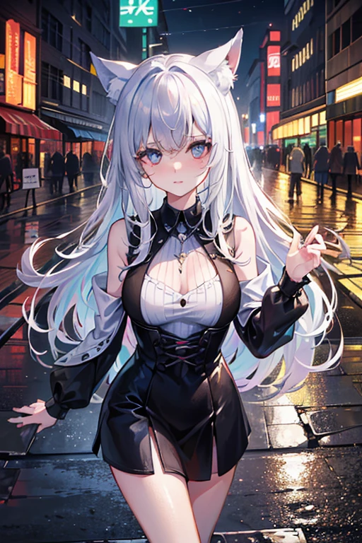 (Verbesserte Details, high quality), pelziger Wolf, Average breasts, Walking through the city, (Nachtzeit, lebendige Lichter, urban environment), (Dynamisches Trimmen, Wilder Ausdruck auf seinem Gesicht, Zerzaustes Haar), (Leuchtend rote Augen, Detaillierte Berichterstattung), (bunte Flecken, wet roads), (Konzentriere dich auf den Kopf des Wolfes), (heller Fokus auf den Augen).