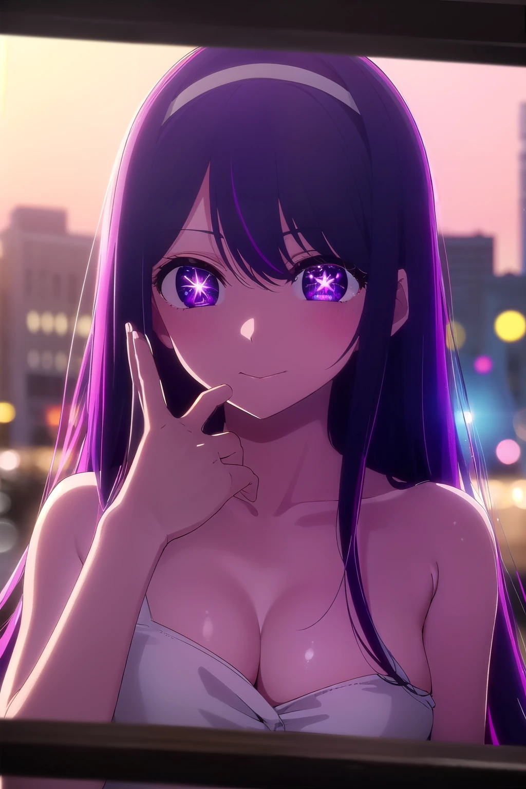 Stable Diffusion prompt:
Aihoshino, Aihoshino, long hair, bangs, (purple hair), (purple eyes:1.1), (symbol-shaped pupils:1.5), 1 girl, perfect smile. Accessory: hair clip, headband. Wearing a black bikini, cute abdomen, big glutes.
Break: Nighttime scene, buildings, lots of lighting.
Rest: Facing the viewer.
Pause: (GoodHands-beta2:1), (masterpiece:1.2), best quality, high resolution, 8k unity wallpaper, (illustration:0.8), (beautiful detailed eyes:1.6), extremely detailed face, Perfect lighting, extremely detailed CG, (perfect hands, perfect anatomy).