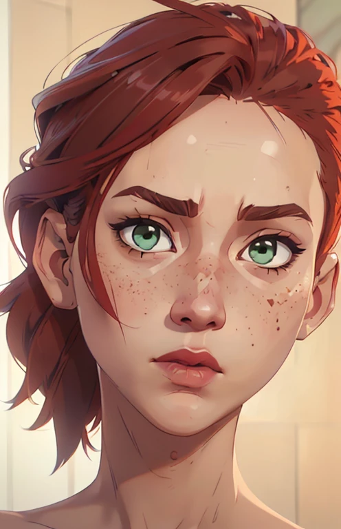 (((2 characters))), ((1guy, jon, a young guy in his 30s with asymmetric very short brown hair, green eyes, a flat nose, smooth skin, slim athletic body)), ((1girl, jennifer lawrence, 1girl, red haired chubby pale girl, green eyes, freckles, half asymetric red hair, cute, nude, small height, stain lipstick, long eyelashes, primer, cream eyeline, ((small breasts)), cute, beautiful, realistic style, highly detailed, 4k)), (((portrait close-up))), (((extremely exaggerated scowl, looking down )))