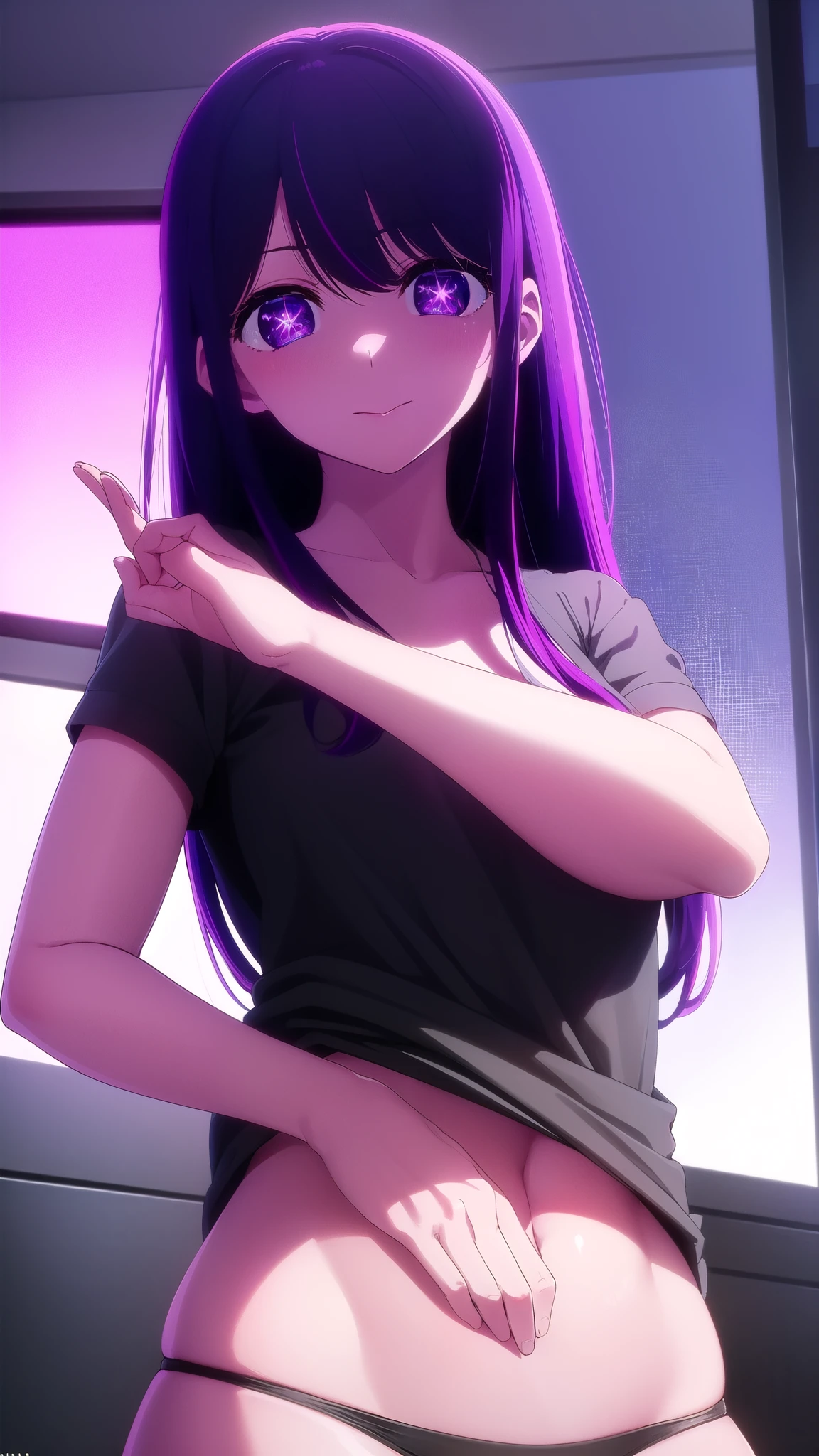 Stable Diffusion prompt:
Aihoshino, Aihoshino, long hair, bangs, (purple hair), (purple eyes:1.1), (symbol-shaped pupils:1.5), 1 girl, perfect smile. Accessory: hair clip, headband. Wearing a black bikini, cute abdomen, big glutes.
Break: Nighttime scene, buildings, lots of lighting.
Rest: Facing the viewer.
Pause: (GoodHands-beta2:1), (masterpiece:1.2), best quality, high resolution, 8k unity wallpaper, (illustration:0.8), (beautiful detailed eyes:1.6), extremely detailed face, Perfect lighting, extremely detailed CG, (perfect hands, perfect anatomy).