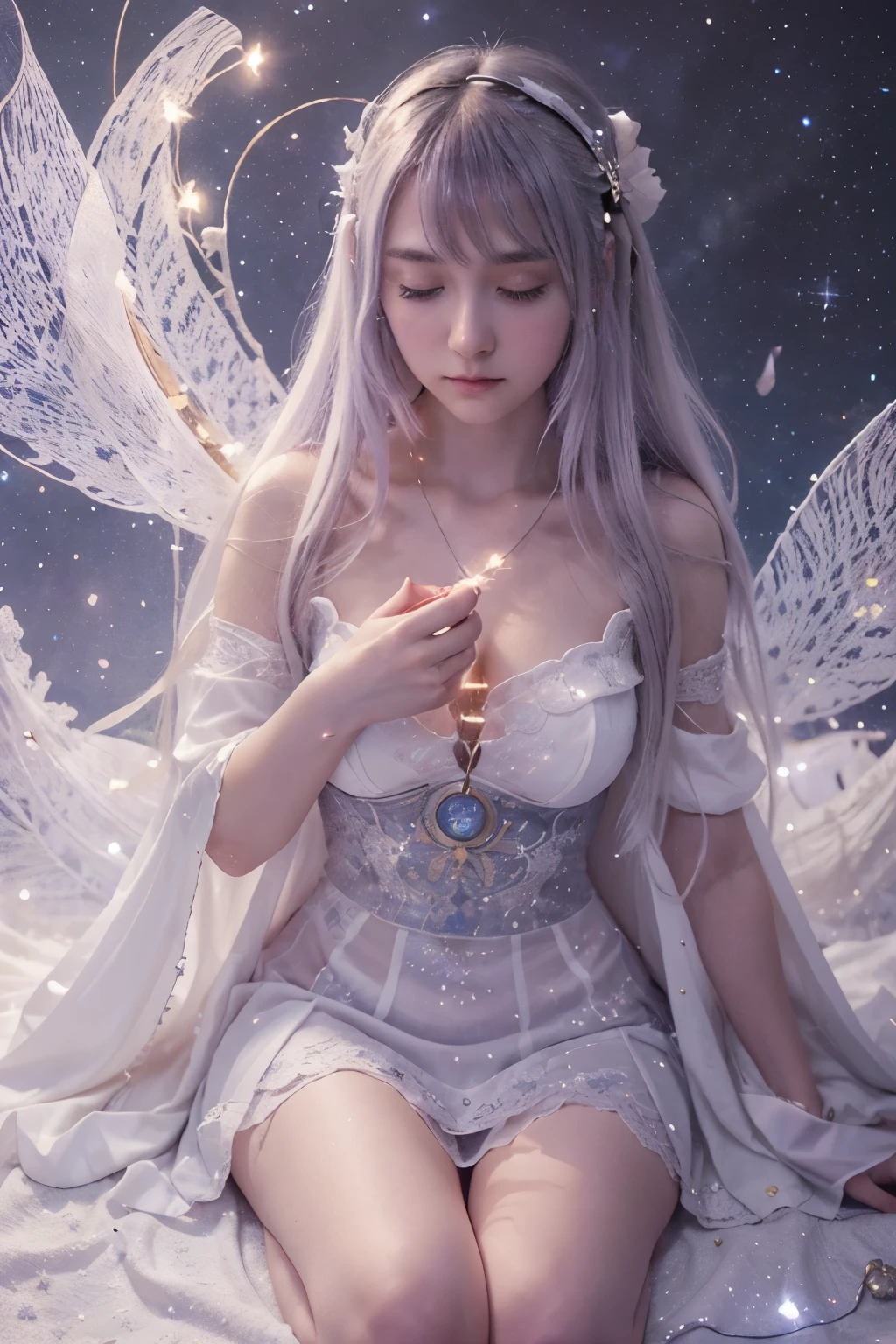 Art of a mystical anime girl casting spells under a starry night sky, (on a white background:1.2), fantasy manga style, ethereal glow and magical effects, intricate linework, otherworldly ambiance