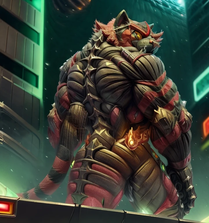 (masterpiece, best quality, detailed:1.2) (Pokémon) detailed full body, incineroar, full body, Furry Heroes, sparkling skin, Vibrant colors, 4K,Its full plate armor emphasizes the muscles. a knight's mechanical armor, glowing wide and heavy armor, Gigantic incineroar, big muscle (pecs, triceps, traps) unusually developed muscular body, body full of huge muscles. showing off muscles, pectorales enormes. Exaggeratedly huge muscles. Gigachad Muscular, whole body shines like metal. He wears a black cloak on his back. The cloak is so long that it touches the ground, futuristic city, Main is RED COLOR, black bodysuit, fire belt, nj5furry