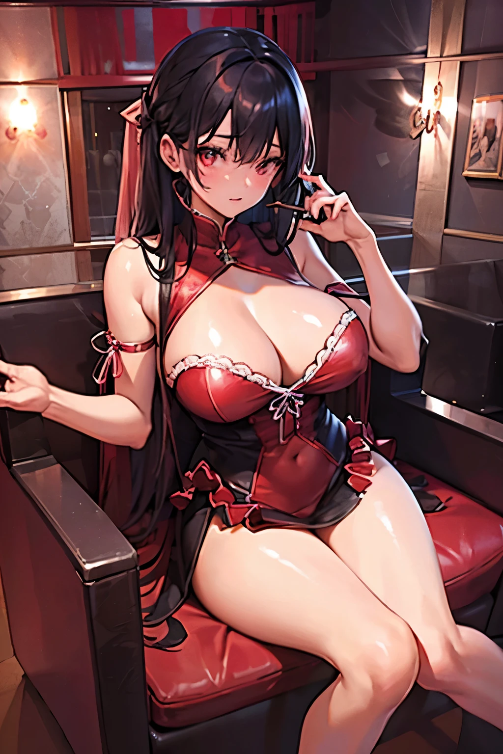 best quality, ultra-detailed, illustration,
sc1, scenery, night, lights, indoors, light, neon lights, couch, table,
1girl、Night dress, drinking glass, (((Big Breasts))), Large red velvet sofa、Sexy beauty
 