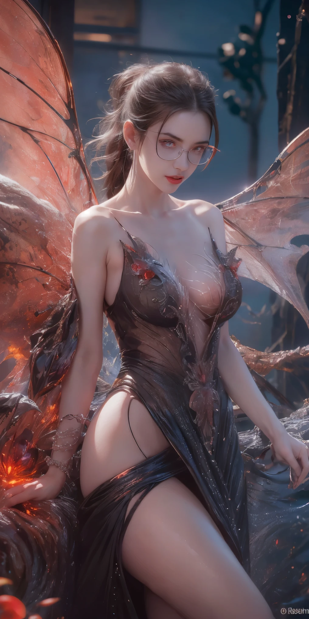 (The best illustrations)、realisitic、ultra-detailliert、The best lighting、Best Shadows、alluring succubus, ethereal beauty, perched on a cloud, (fantasy illustration:1.3), enchanting gaze, captivating pose, delicate wings, otherworldly charm, mystical sky, (Luis Royo:1.2), (Yoshitaka Amano:1.1), Dungeon and Dragon、caves、Dungeon、 A Necromancer、natta、Dark style、Succubus、Devil's Daughter、Bat Wings，(((Demon Hornlack-rimmed round glasses))))、(red eyes glowing:1.6)、​beautiful countenance、Tindall Effect、(High Detail Skins:1.2) absurderes、Ponytail distortion、jewely、Beautiful expression、Toned waist、Wide buttocks、Tindall Effectmasuter piece、top-quality、Highest Standards、Top image quality、masutepiece、intricate detailes、High resolution、Depth Field、natural soft light、profetional lighting、Great smile、(High Detail Skin: 1.2)、photorealistic anime girl render、Strong highlights of the eyes、Perfect Anatomy、crotch open、Shy、Spreading your legs、Panties are visible、Skirt flipping、Body shiny with oilerectile nipple))、8K resolution、intricate clothing、Intricate details