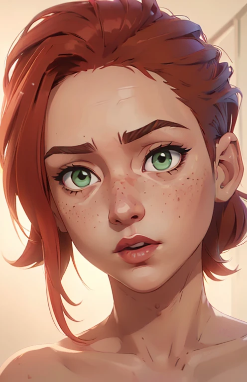 (((2 characters))), ((1guy, jon, a young guy in his 30s with asymmetric very short brown hair, green eyes, a flat nose, smooth skin, slim athletic body)), ((1girl, jennifer lawrence, 1girl, red haired chubby pale girl, green eyes, freckles, half asymetric red hair, cute, nude, small height, stain lipstick, long eyelashes, primer, cream eyeline, ((small breasts)), cute, beautiful, realistic style, highly detailed, 4k)), (((portrait close-up))), (((extremely exaggerated seductive salacious expression)))