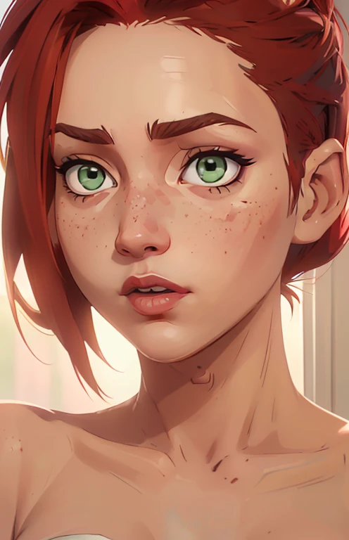 (((2 characters))), ((1guy, jon, a young guy in his 30s with asymmetric very short brown hair, green eyes, a flat nose, smooth skin, slim athletic body)), ((1girl, jennifer lawrence, 1girl, red haired chubby pale girl, green eyes, freckles, half asymetric red hair, cute, nude, small height, stain lipstick, long eyelashes, primer, cream eyeline, ((small breasts)), cute, beautiful, realistic style, highly detailed, 4k)), (((portrait close-up))), (((extremely exaggerated seductive salacious expression)))