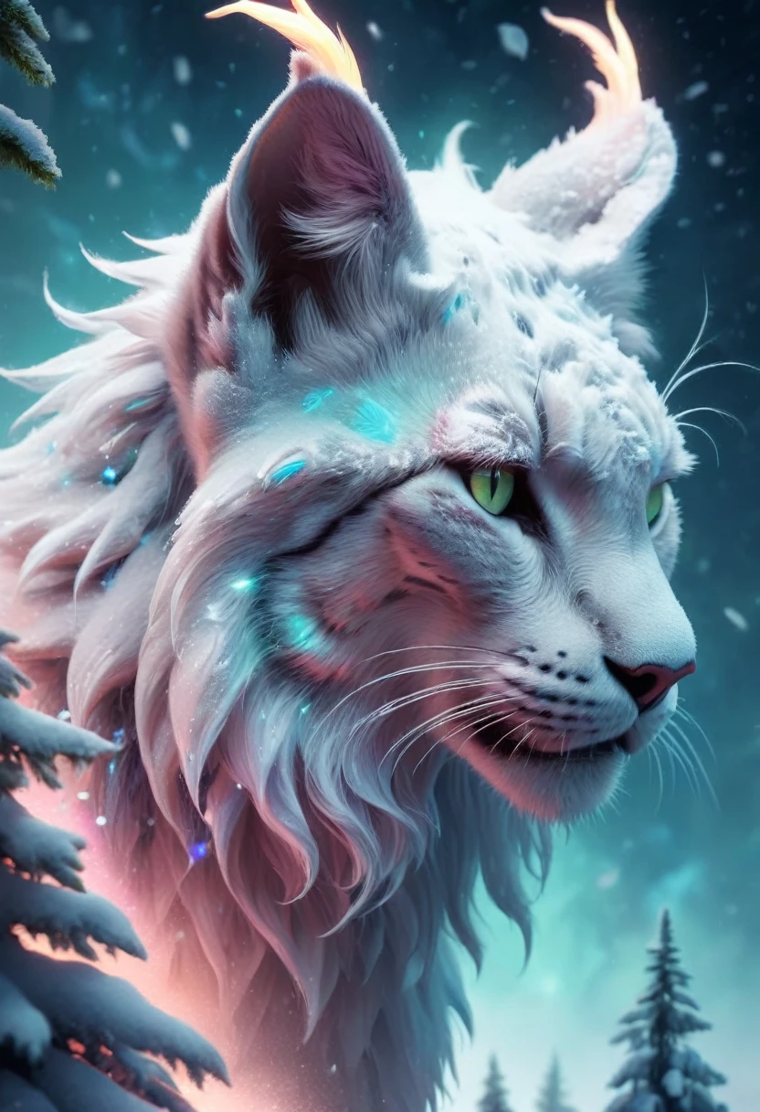 Traumillustration, Fairy tale, Oil painting, 8k, HD, a big lynx roars, Hintergrund, beautiful snowy forest, schwebende Schneeflocken, Schneesturm, HD, golden, Hellcyan, Light blue-green, Magentarot, helles Lila, Mondaufgang Farben, nighttime lighting atmosphere (digitale Zeichnung:1.2), Comic-Stil, Toon-Stil, illustrativer Funk, Retrowave-Graffiti, perspektivische Ansicht, Extreme Nahaufnahme des Gesichts, T-Shirt-Grafik, Ultra HD, realistisch, lebendige Farben, sehr detailliert, UHD-Zeichnung, pen and ink, perfekte Komposition, beautifully detailed intricate insanely detailed Octane Render Trending on Artstation, 8k artistic photography, photorealistisch concept art, weiches, natural, volumetrisches, filmisches, perfektes Licht 