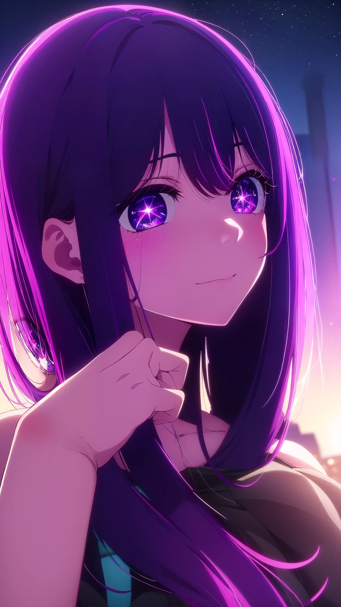 Stable Diffusion prompt:
Aihoshino, Aihoshino, long hair, bangs, (purple hair), (purple eyes:1.1), (symbol-shaped pupils:1.5), 1 girl, perfect smile. Accessory: hair clip, headband. Wearing a black bikini, cute abdomen, big glutes.
Break: Nighttime scene, buildings, lots of lighting.
Rest: Facing the viewer.
Pause: (GoodHands-beta2:1), (masterpiece:1.2), best quality, high resolution, 8k unity wallpaper, (illustration:0.8), (beautiful detailed eyes:1.6), extremely detailed face, Perfect lighting, extremely detailed CG, (perfect hands, perfect anatomy).