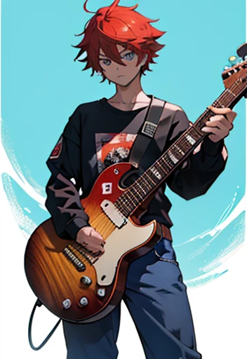 An electric guitar with ax, vermelha ,manga Style , With sticker , human Male olescent  , blue pupils ,Pants 