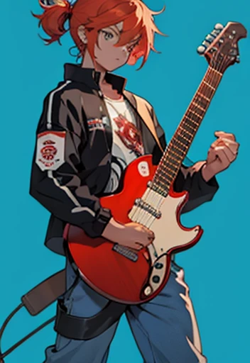 An electric guitar with ax, vermelha ,manga Style , With sticker , human Male Adolescent  , blue pupils ,Pants 