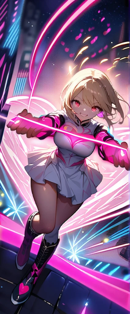 masterpiece、be familiar with、16k、shiny skin、1 girl、(Magical girl flying in the night sky)、(have a magic wand:1.3)、exploding universe、big breasts、big ass、(thigh focus)、pink long blonde、ponytail、brown eyes、(Very familiar with eyes and face)、accurately drawn face、(intricate pink and white dress)、Layer Dresses、super mini skirt、white leather knee high boots、bright contrast colors、Intricately designed details、Particles of light surround her、(heart shaped pink effect:1.5)、(dynamic pose)、(Ghost Smile)、(open your arms:1.5)、(Sparks dance in the night sky:1.3)、(view from above)、
