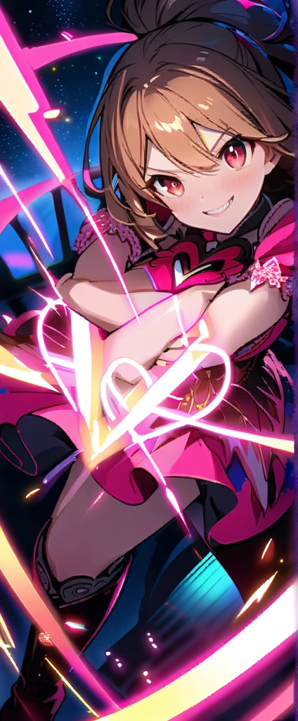 masterpiece、be familiar with、16k、shiny skin、1 girl、(Magical girl flying in the night sky)、(have a magic wand:1.3)、exploding universe、big breasts、big ass、(thigh focus)、pink long blonde、ponytail、brown eyes、(Very familiar with eyes and face)、accurately drawn face、(intricate pink and white dress)、Layer Dresses、super mini skirt、white leather knee high boots、bright contrast colors、Intricately designed details、Particles of light surround her、(heart shaped pink effect:1.5)、(dynamic pose)、(Ghost Smile)、(open your arms:1.5)、(Sparks dance in the night sky:1.3)、(view from above)、