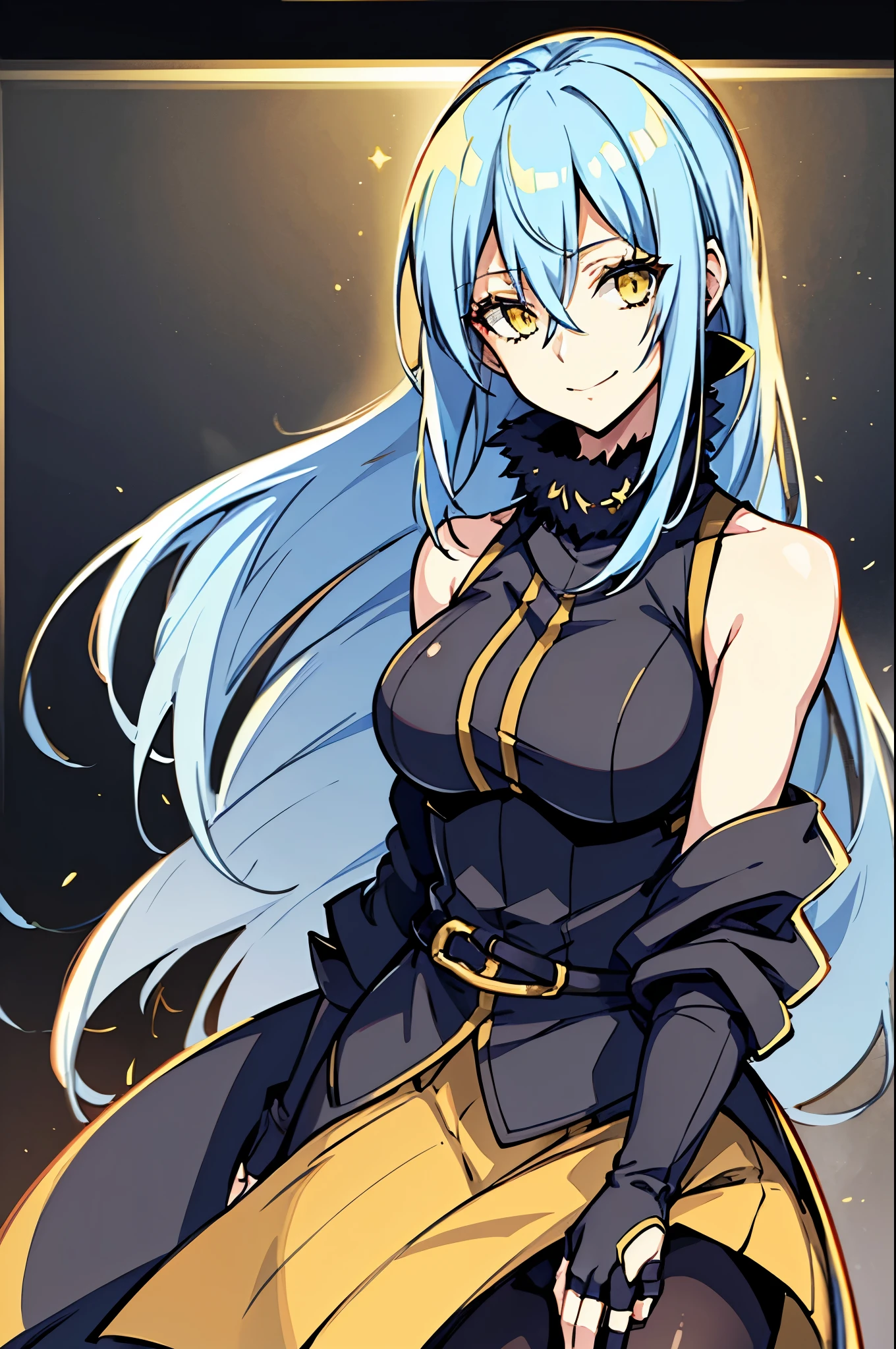 (masterpiece), best quality, expressive eyes, perfect face, highres, 1girl, solo, (female:1.5), (adult:1.5), lrd1, rimuru tempest, light blue hair, yellow eyes, black blouse, black jacket, fur trim, evil smile, fingerless gloves, eyes full of hate, landscape, standing, upper body, looking at the viewer
