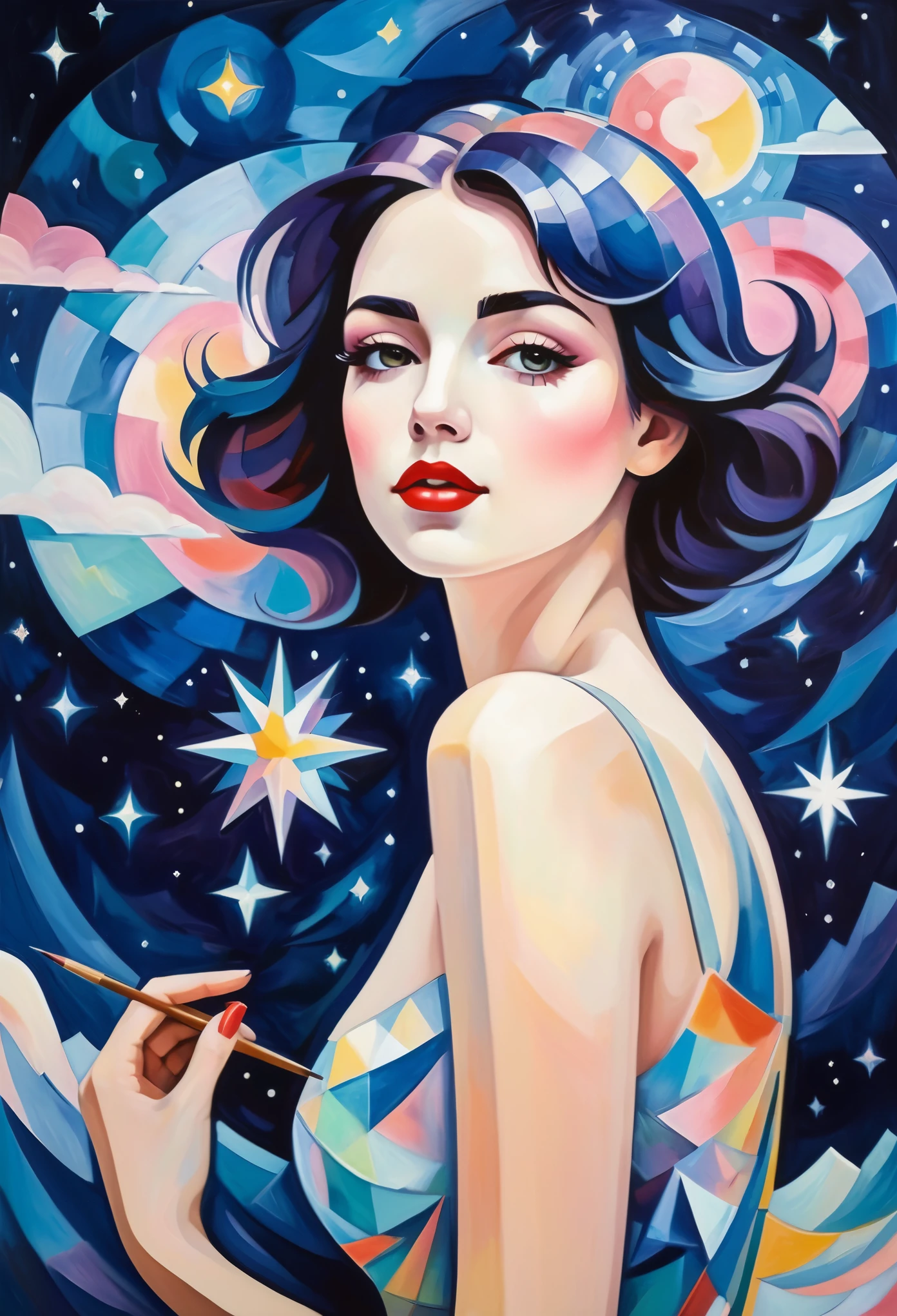 (best quality,actual,high resolution:1.2),pastel tones, painting,Impressionist strokes,from cubism, Fauvism to Surrealism and Abstraction, Miss, Their artistic concepts and patterns are reflected in the clothing design.starry sky background