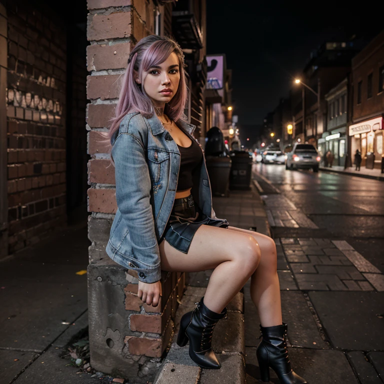 masterpiece, best quality,ultra-detailed,hyper details, cinematic light,, 1girl, solo, sit, standing outside bar, smoking, leaning on a brick wall, black mini skirt, pink jacket, black high heeled boots, gray pink hair, brown eyes, city, street lights, cars, in the background