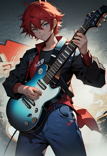 An electric guitar with ax, vermelha ,manga Style , With sticker , human Male Adolescent  , blue pupils ,Pants 