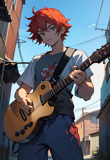 An electric guitar with ax, vermelha ,manga Style , With sticker , human Male Adolescent  , blue pupils ,Pants 