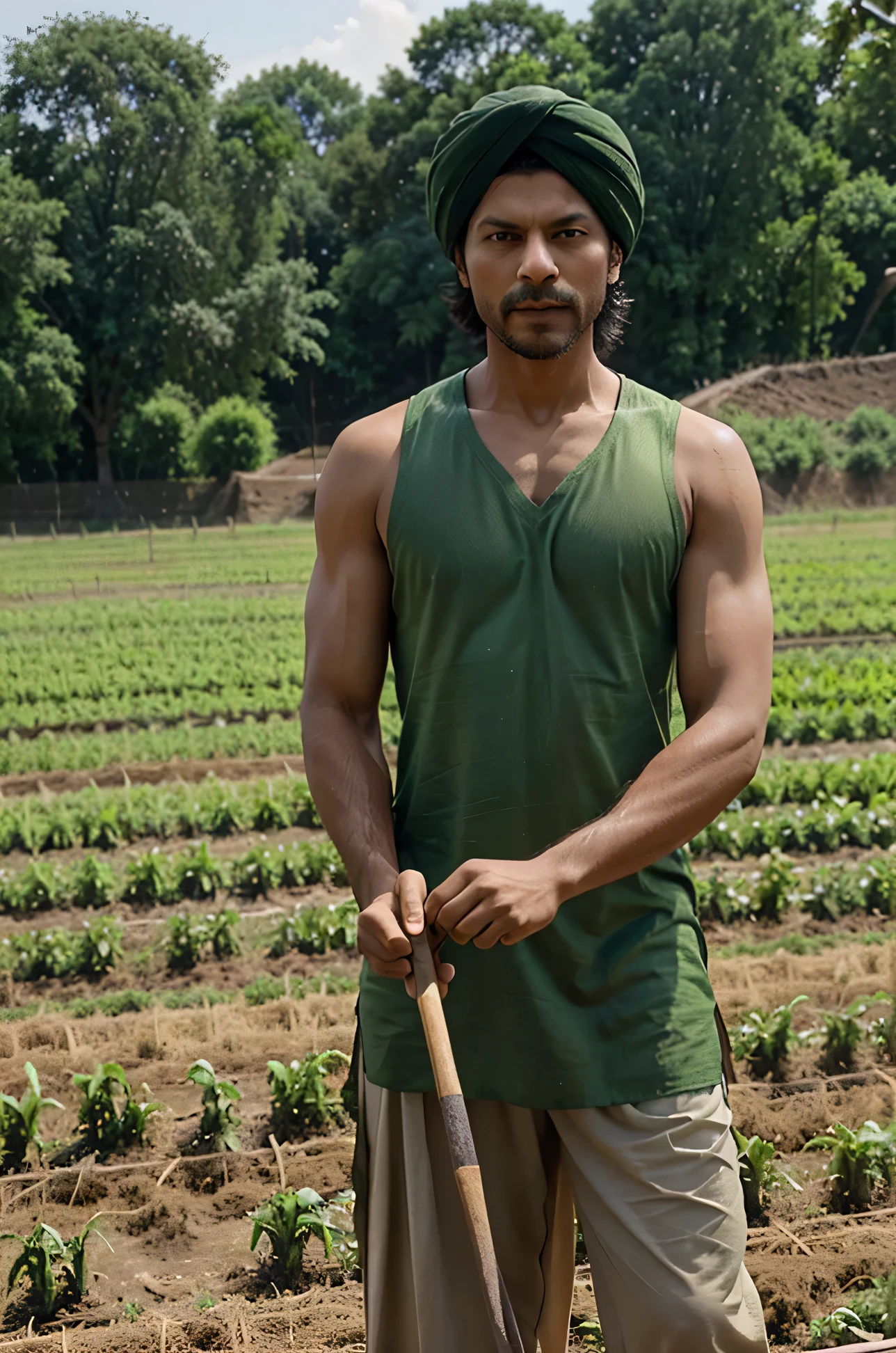 Picture a lush, green field with crops like wheat or rice. A man resembling Shahrukh Khan is wearing a simple kurta-pajama or a lungi, and a traditional turban or cap. He's holding a farming tool like a plow or a sickle, working alongside other farmers. The scene is vibrant, with the sun shining brightly and a sense of hard work and community in the air. This would be the essence of a traditional Indian farming scene with a touch of Bollywood charm.
