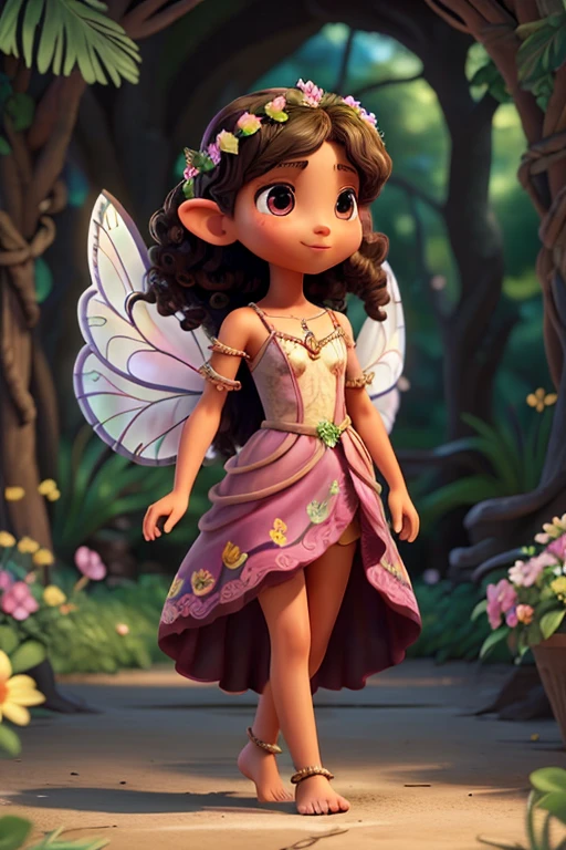fairy, 12 years old, has large magical wings highlighted decorated with flowers and butterflies in earth tones, small pointed elf ears, long black curly hair adorned with a flower crown, long flowy pink dress with brown details, bare collarbone shoulders, many green flowers and leaves decorating all the dresses, barefoot, ropes and flowers decorating ankle and arm, black eyes, perfect slightly tanned skin, realistic, mesmerizing beauty, alone in the scene, full body, walking, facing the camera, looking straight ahead, in studio, without scenery, opaque and vibrant colors, 8k