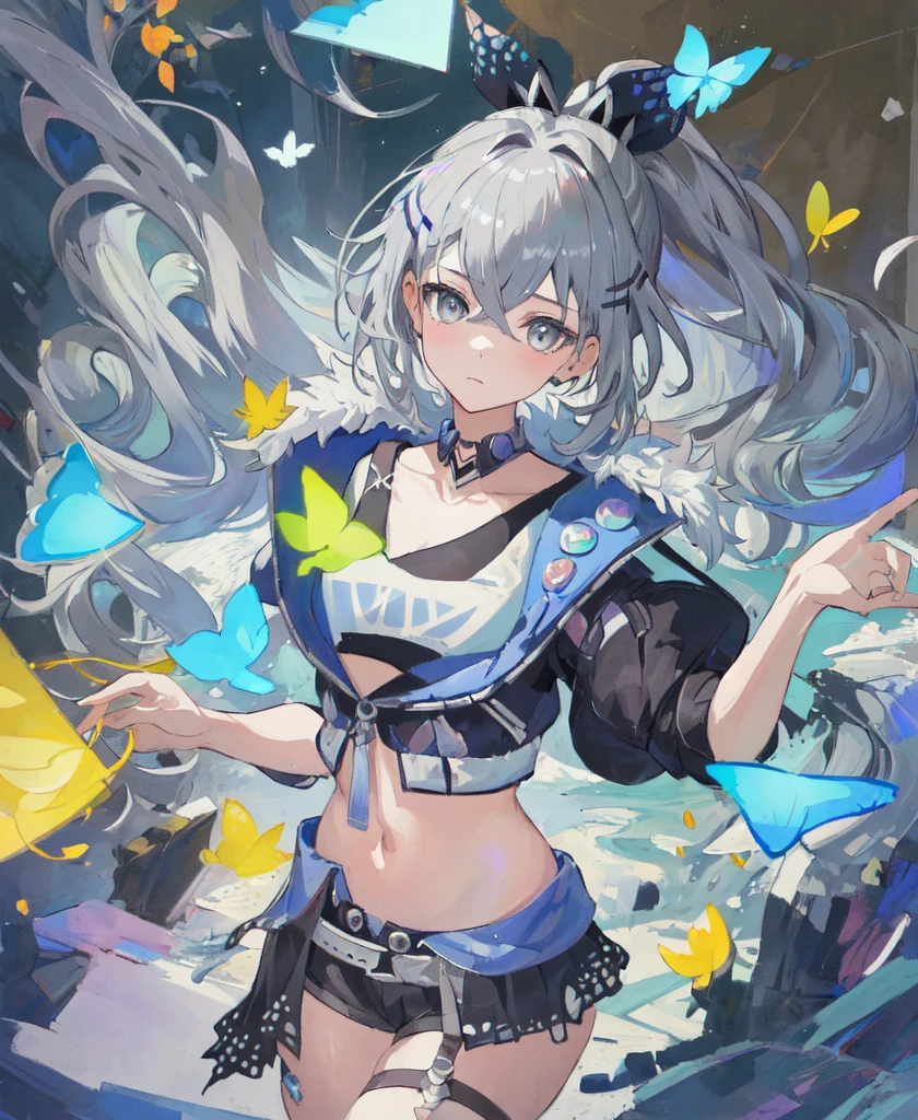 (masterpiece:1.4) (best quality:1.4),(1girl),solo,masterpiece,colorful,incredibly absurdres,illustration,SilverWolfV5,dynamic pose,butterfly,silver hair,expressionless,cowboy_shot,