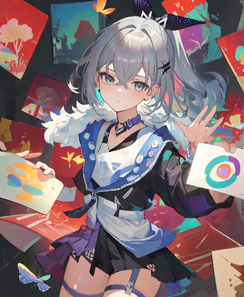 (masterpiece:1.4) (best quality:1.4),(1girl),solo,masterpiece,colorful,incredibly absurdres,illustration,SilverWolfV5,dynamic pose,butterfly,silver hair,expressionless,cowboy_shot,