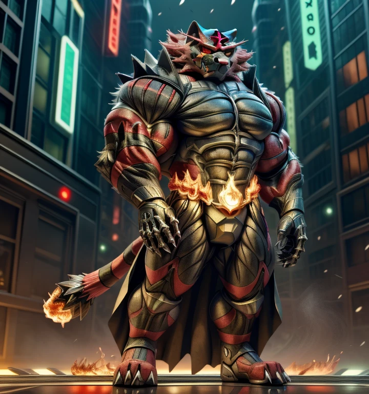 (masterpiece, best quality, detailed:1.2) (Pokémon) detailed full body, incineroar, full body, sparkling skin, Vibrant colors, 4K,Its full plate armor emphasizes the muscles. a knight's mechanical armor, glowing wide and heavy armor, Gigantic incineroar, big muscle (pecs, triceps, traps) unusually developed muscular body, body full of huge muscles. showing off muscles, pectorales enormes. Exaggeratedly huge muscles. Gigachad Muscular, whole body shines like metal. He wears a black cloak on his back. The cloak is so long that it touches the ground, futuristic city, Main is RED COLOR, black bodysuit, fire belt, nj5furry