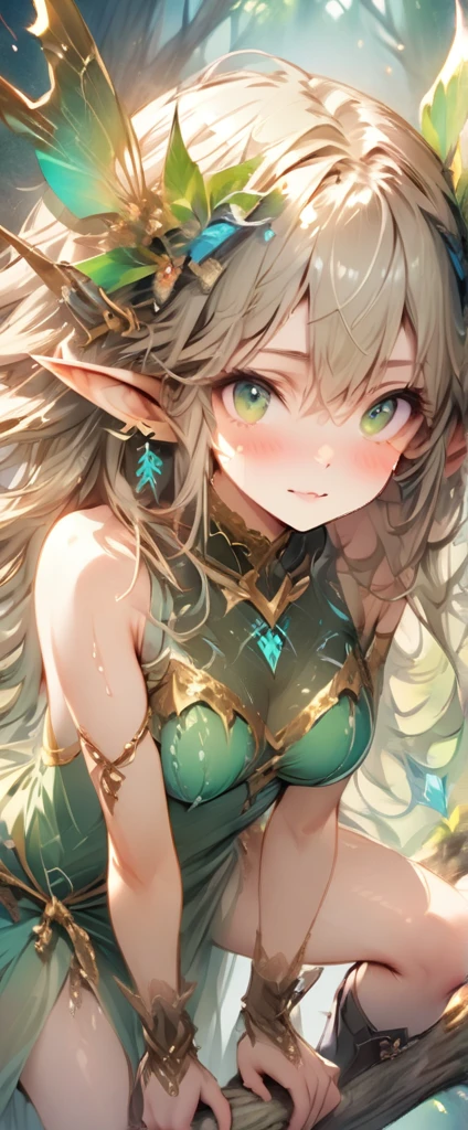 ((masterpiece)), ((best quality)), ((high resolution)), ((Extremely detailed CG unified 8k wallpaper)), ((on a tree branch in the deep forest:1.3)), ((Elven woman cartoon character, Pointed elf ears, wavy blonde hair, green eyes, Bare Skin:1.2)), cowboy shot, skin is wet and shiny, Wearing a flowing minidress and leather armor with gold decorations, Long leather boots, ((tilts head, View from the front:1.2)), ((squat with legs apart)), 