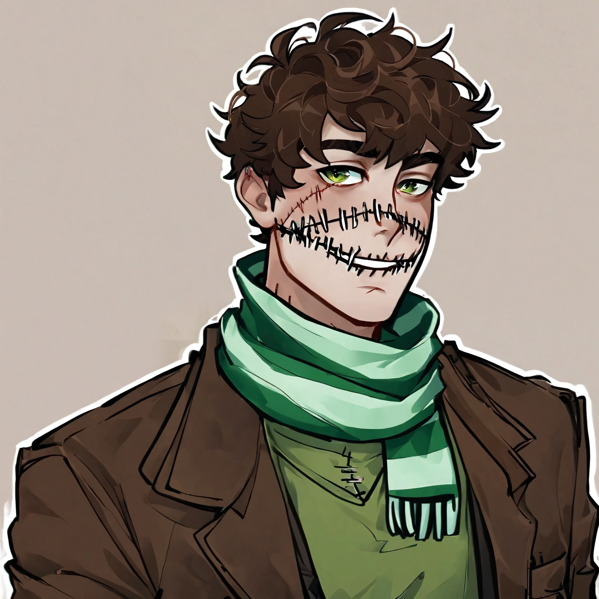 man, short brown hair, scarred face, stitches, striped scarf, green shirt, brown coat, half body