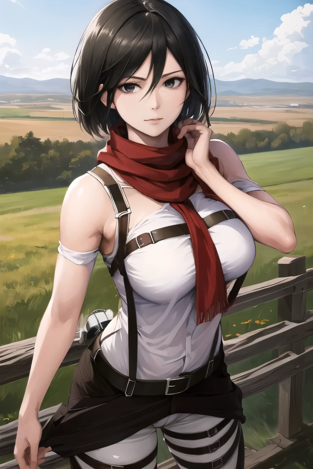 (best quality,highres,masterpiece:1.2), realistic,hmmikasa, black eyes, short hair, red scarf, thigh belt, black pants, white t-shirt, bare shoulders, (mikasa_ackerman_v1:0.7), fighting stance, large breasts, sky