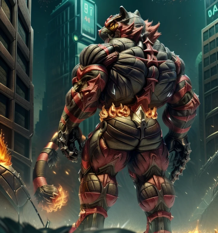 (masterpiece, best quality, detailed:1.2) (Pokémon) detailed full body, incineroar, full body, sparkling skin, Vibrant colors, 4K,Its full plate armor emphasizes the muscles. a knight's mechanical armor, glowing wide and heavy armor, Gigantic incineroar, big muscle (pecs, triceps, traps) unusually developed muscular body, body full of huge muscles. showing off muscles, pectorales enormes. Exaggeratedly huge muscles. Gigachad Muscular, whole body shines like metal. He wears a black cloak on his back. The cloak is so long that it touches the ground, futuristic city, Main is RED COLOR, black bodysuit, fire belt, nj5furry