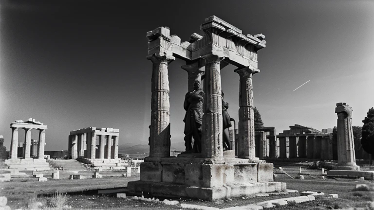 "A dark landscape image of an ancient greek society deeply connected to stoicism, black and white, ancient greek architecture, include one single big statue of a stereotypical strong greek man, marcus aurelius --ar 16:9 --style G4JuqKlERum6vZGYhO9USsL"
