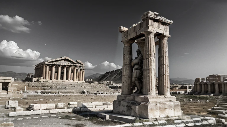 "A dark landscape image of an ancient greek society deeply connected to stoicism, black and white, ancient greek architecture, include one single big statue of a stereotypical strong greek man, marcus aurelius --ar 16:9 --style G4JuqKlERum6vZGYhO9USsL"