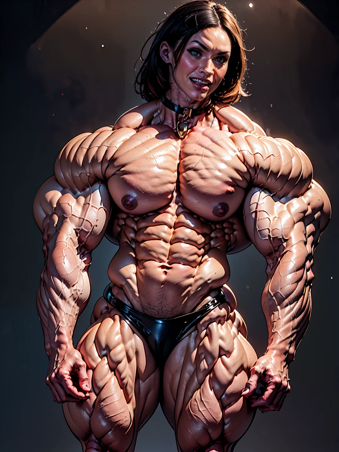 (1 girl), (megan fox:1.25), ((wide shoulders:1.25)), (a naked Bodybuilder woman with oiled muscular physique & latex panties:1.25), (ten pack abs:1.5), (full body view:1.25), ((large muscular veiny pecs:1.25)), choker, (sculpted muscles:1.25), detailed eyes, (muscular body:1.25), (looking at viewer), (smile:1.25), (blank dark background:1.5), in the art style of peter mohrbacher, (beautiful girl face:1.25)