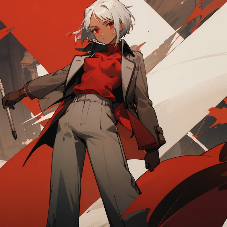 ((highest quality)), ((masterpiece)), (Familiar), Canaan, 1 girl, alone, Silver Hair,Brown Skin,Red eyes,Long trousers,Red Shirt, thin,short hair,Small breasts, Erect nipples, gloves, Long coat