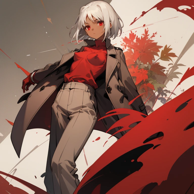 ((highest quality)), ((masterpiece)), (Familiar), Canaan, 1 girl, alone, Silver Hair,Brown Skin,Red eyes,Long trousers,Red Shirt, thin,short hair,Small breasts, Erect nipples,  gloves, Long coat