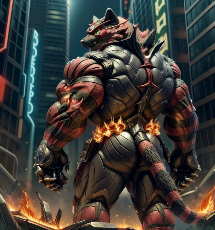 (masterpiece, best quality, detailed:1.2) (Pokémon) detailed full body, incineroar, full body, sparkling skin, Vibrant colors, 4K,Its full plate armor emphasizes the muscles. a knight's mechanical armor, glowing wide and heavy armor, Gigantic incineroar, big muscle (pecs, triceps, traps) unusually developed muscular body, body full of huge muscles. showing off muscles, pectorales enormes. Exaggeratedly huge muscles. Gigachad Muscular, whole body shines like metal. He wears a black cloak on his back. The cloak is so long that it touches the ground, futuristic city, Main is RED COLOR, black bodysuit, fire belt, nj5furry, wearing crNanosuit