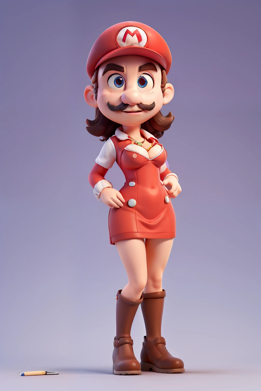 standing Crossdressed (manly faced moustached Mario) having a (generous girl body:1.4), big , wearing a revealing very short pencil office dress, (full body:1.2), multiple angles views, thick black outlines,