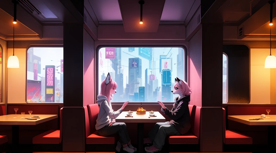 Cyberpunk fox, Beautiful light and shadow on light pink hair and childlike face、Dining atmosphere lighting effects 、Ultra-fine fur、Volumetrisches Licht ist sehr detailliert，Furry art of the highest quality