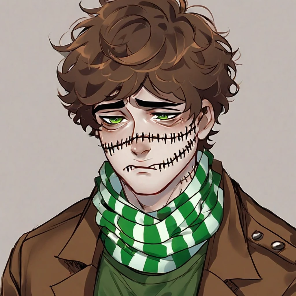 man, short brown hair, scarred face, stitches, striped scarf, green shirt, brown coat, half body, sad