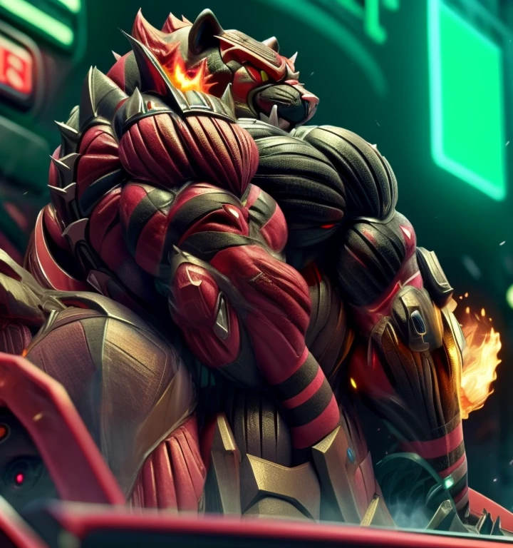 (masterpiece, best quality, detailed:1.2) (Pokémon) detailed full body, incineroar, full body, sparkling skin, Vibrant colors, 4K,Its full plate armor emphasizes the muscles. a knight's mechanical armor, glowing wide and heavy armor, Gigantic incineroar, big muscle (pecs, triceps, traps) unusually developed muscular body, body full of huge muscles. showing off muscles, pectorales enormes. Exaggeratedly huge muscles. Gigachad Muscular, whole body shines like metal. He wears a black cloak on his back. The cloak is so long that it touches the ground, futuristic city, Main is RED COLOR, black bodysuit, fire belt, nj5furry