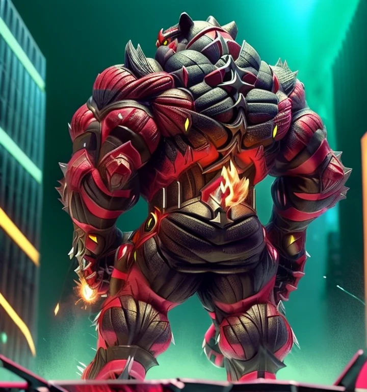 (masterpiece, best quality, detailed:1.2) (Pokémon) detailed full body, incineroar, full body, sparkling skin, Vibrant colors, 4K,Its full plate armor emphasizes the muscles. a knight's mechanical armor, glowing wide and heavy armor, Gigantic incineroar, big muscle (pecs, triceps, traps) unusually developed muscular body, body full of huge muscles. showing off muscles, pectorales enormes. Exaggeratedly huge muscles. Gigachad Muscular, whole body shines like metal. He wears a black cloak on his back. The cloak is so long that it touches the ground, futuristic city, Main is RED COLOR, black bodysuit, fire belt, nj5furry