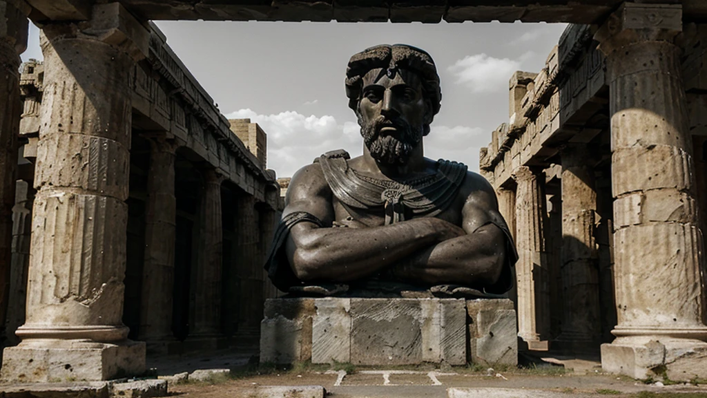 "A dark landscape image of an ancient greek society deeply connected to stoicism, black and white, ancient greek architecture, include one single big statue of a stereotypical strong greek man, marcus aurelius --ar "