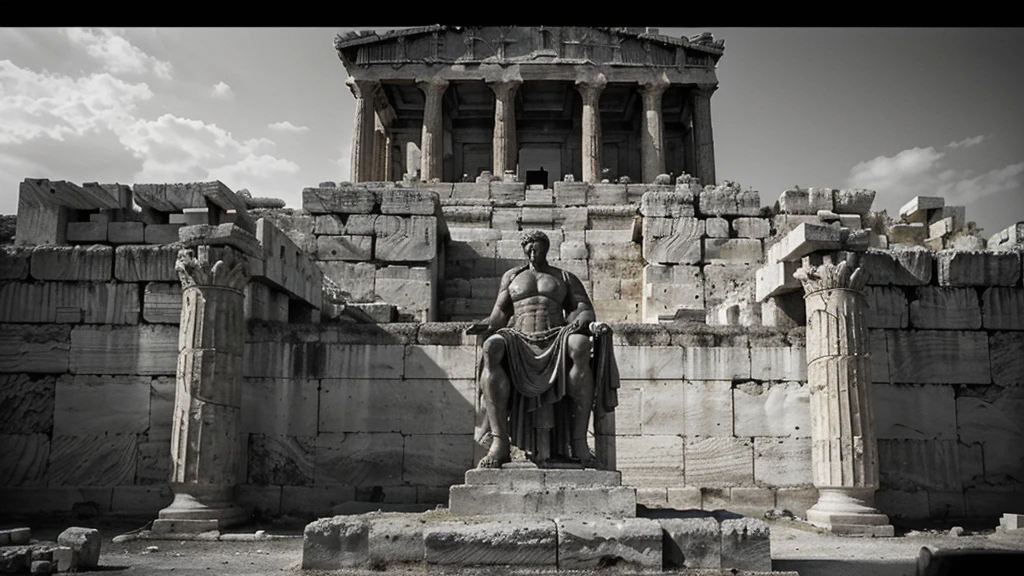 "A dark landscape image of an ancient greek society deeply connected to stoicism, black and white, ancient greek architecture, include one single big statue of a stereotypical strong greek man, marcus aurelius --ar "
