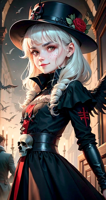 Daemon, Rabe, skull, rote Augen, Haube, Malicious smile, Federn auf den Schultern, fliegender Rabe, Blutige Hintergrundgeschichte