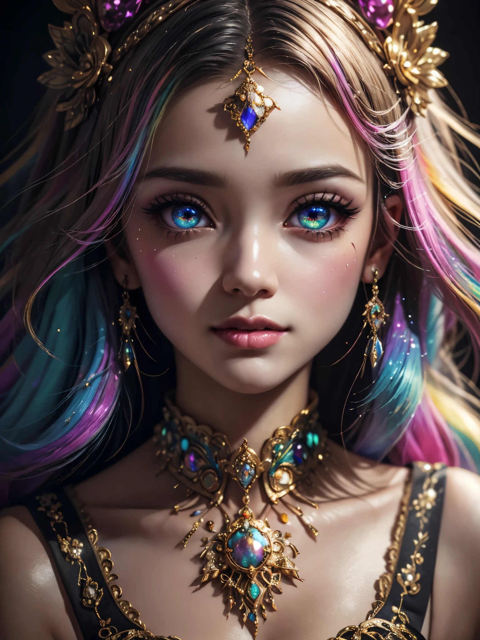 this artwork should be colorful and evoke feelings of euphoria and ecstasy. generate a beautiful fantasy woman with an interesting and dynamic manic expression. the woman is dressed in the style of harajuku decora fashion. there are many intricate and highly detailed decora fashion accents. clothing is ornate and extravagant with contrasting colors, textures, and patterns. include strong influences from lisa frank. include many awe-inspiring fantasy elements. ((include phantasmal iridescence, crystals, bumps, and rainbow colors that drip like paint through the artwork.)) rainbow paint should drip through hair and onto face and body. pay particular attention to a beautifully detailed face with realistic shading. include 8k eyes, highly detailed eyes, realistically detailed eyes, (((macro eyes))), bright eyes. the overall feeling of this artwork should be happiness and excitement. the artwork should be highly ornate. impress me. the artwork should be highly creative and ultra ornate. include many decora decorations and accessories. (fantasy00d), high quality, highres, detail enhancement