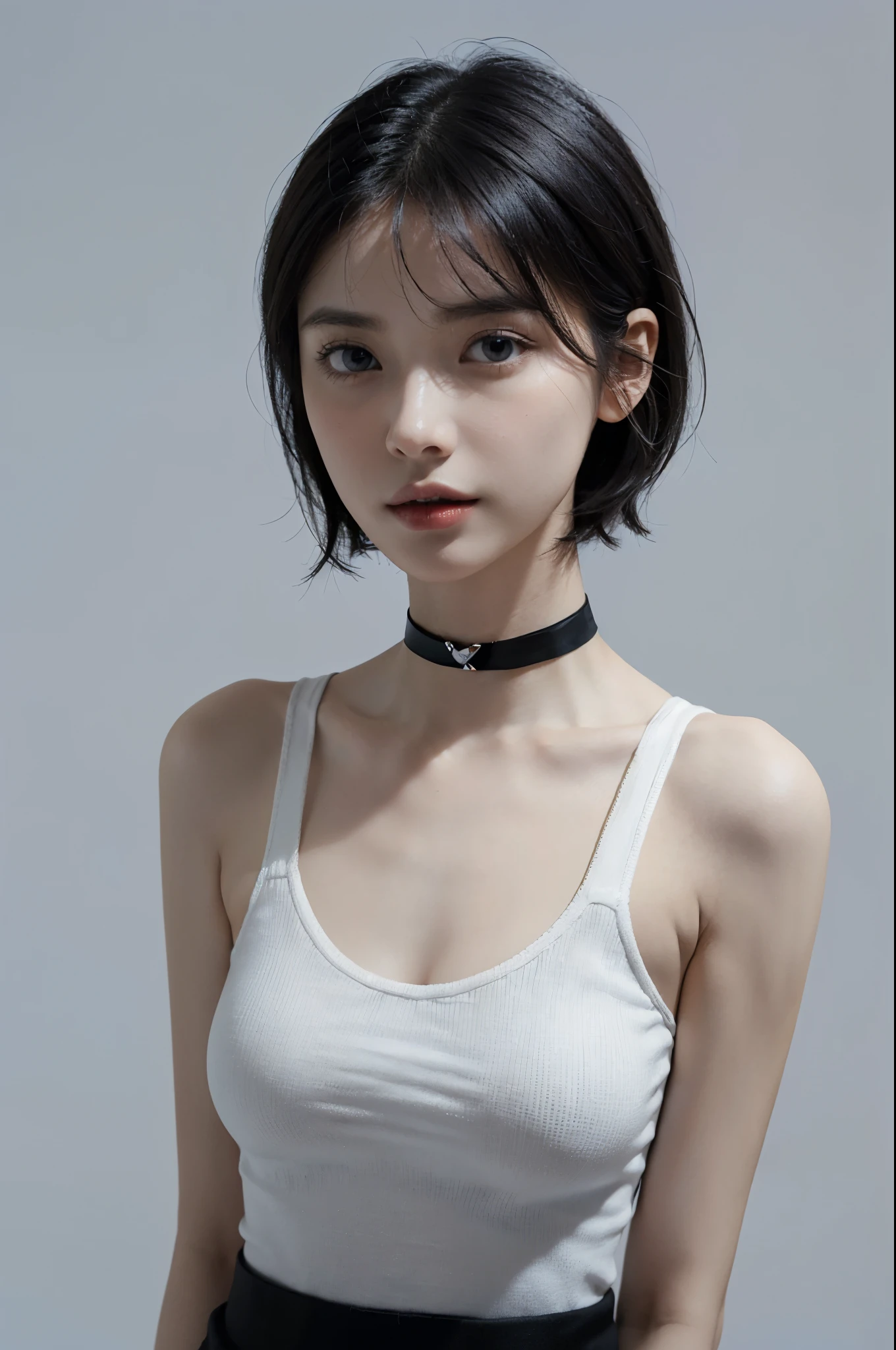 best quality, ultra high res, (photorealistic:1.4), (2girl, Duo, discord), (White Sleeveless Turtleneck Knit, Black tight skirt, (Black Choker:1.3):1.3), (Thin Head:1.3), (Super Detail Face, Beautiful Face, Big eyes, well-shaped nose with a narrow nasal stripe, Perfect beauty, Very Porcelain Skin, Very Fair Skin, Fine and Beautiful Skin:1.7), (Smile:0.8), ((faded ash gray Short hair:1.5)), (Huge breasts:1.9), (Well-Shaped Breasts:1.9), (7 Head-toll, (Slender body), (sloped shoulder, narrow shoulders, ((Small Head, thin head:1.4)), thin upper chest, Thin under the chest, Physique, (thin waist:1.2):1.2)), looking at viewer, closeup, (Random emotions, Random poses synchronized with emotions, randam angle, Random Location, Random position:1.5), (Flat Lighting, White Simple gradation Background:1.4),