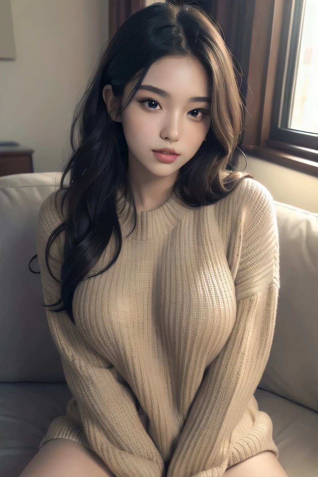Amazing portrait of a sexy woman with perfect hair and amazing makeup with a seductive gaze while blushing intensely and being ready to kiss wearing a long oversized sweater and sitting comfortably on couch near a window with natural light beaming through window showcasing her beautiful face while she's seductively gazing at us very seductively